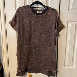 Zenana Brown/Black Mineral Wash Short Sleeve T-Shirt Tunic - Size Small